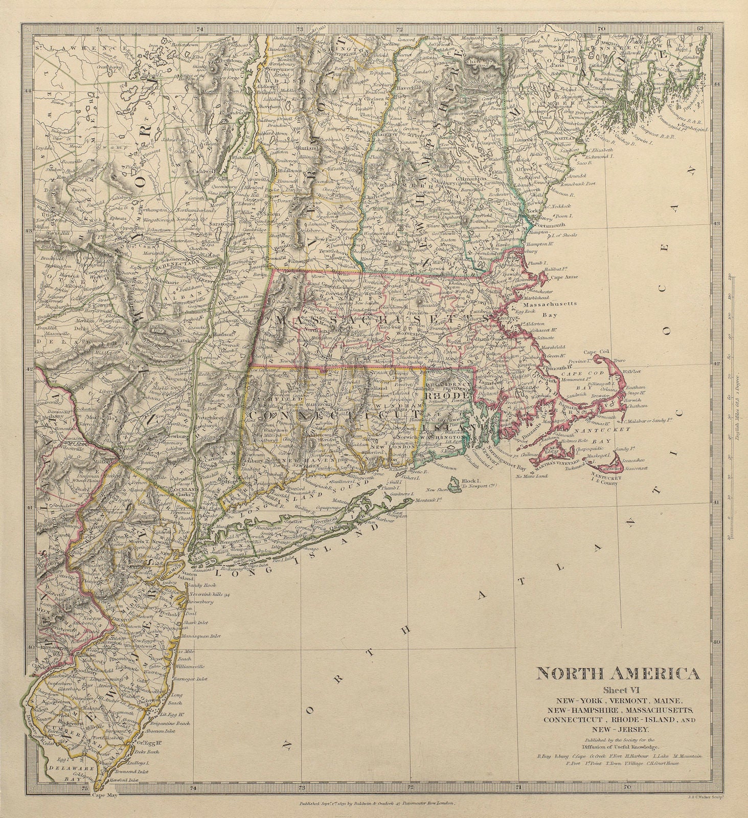 USA.New York Maine Massachusetts Connecticut New Jersey NH RI VT.SDUK 1844 map